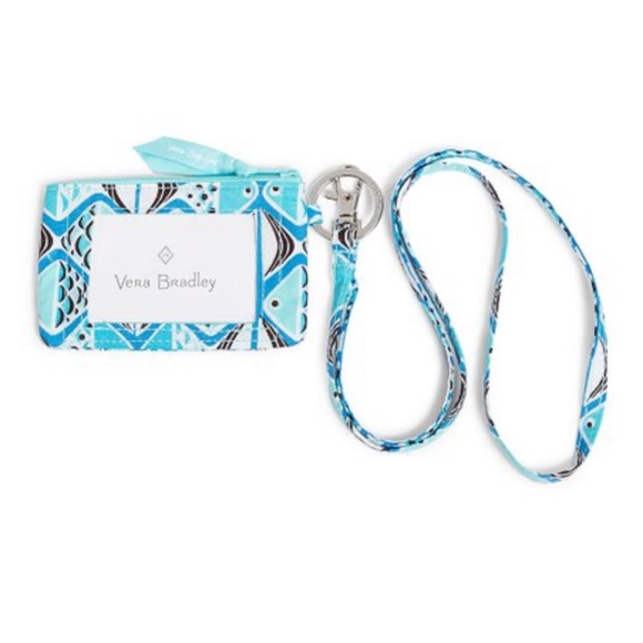 Vera Bradley Blue white fish lanyard key ring ID zipper pouch - Picture 1 of 16
